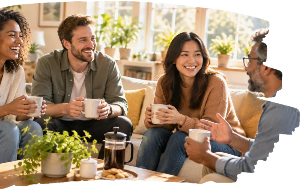 International volunteers chatting and laughing over coffee in a living room